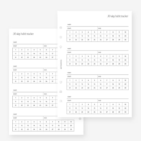 A5 30 Day Habit Tracker Insert Agenda Refill for Filofax A5, Kikki K Large, LV GM sized 6 ring agendas, 5.8 x 8.3