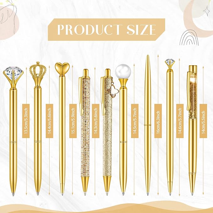 Janmini 9 Pcs Ballpoint Pens Set Metal Crystal Diamond Glitter Pens for Journaling Black Ink Pretty Cute Things Fancy Stationery Gifts for Women Girls Birthday Home Office Desk(Gold)