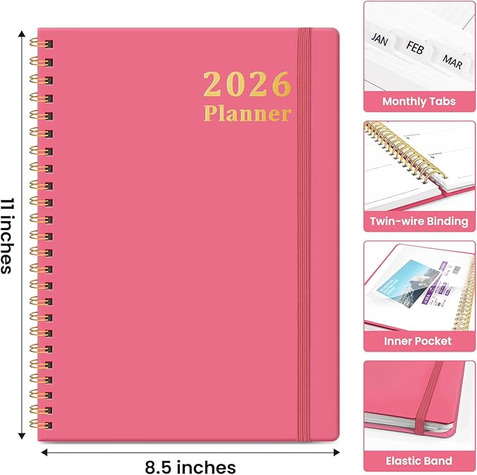 2026 Planner, Weekly and Monthly Calendar Planner, January 2026 - December 2026, Hardcover 2026 Calendar Book with Tabs For Women & Men, Inner Pocket, Spiral Bound, Perfect for Office Home School Supplies - A4 (8.5" x 11"), Peach Pink