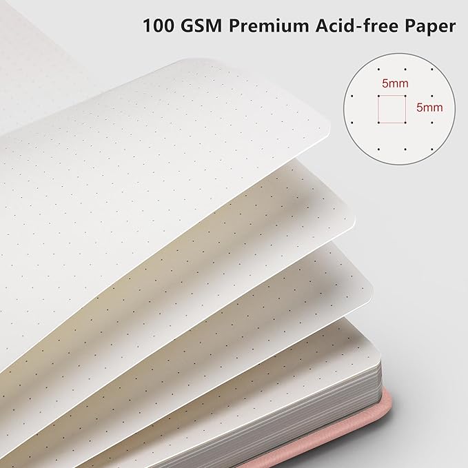 RETTACY Dotted Journal Notebook, 192 Pages, A5 Medium Size (5.7'' x 8.3''), Leather Hardcover, 100 GSM Thick Paper, for Bullet Journaling, Planning, Tracking (Pink)