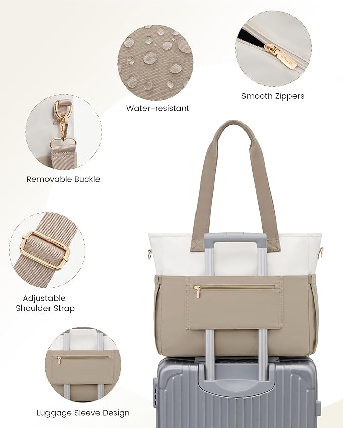 LOVEVOOK Upgrade Version Work Bags for Women 15.6 Inch Laptop Bag Large Capacity Mutiple Pockets Teacher Bag Water Resistant Canvas Tote Bag Purse for Office Travel College Nurse Teacher, Khaki Beige
