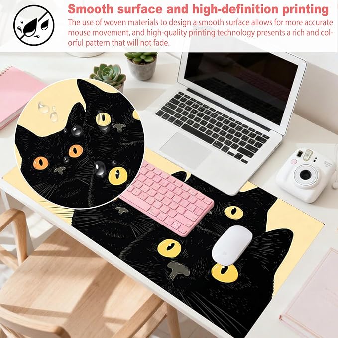 Nuxovilar Black Cat Trio Large Mouse Pad Gaming Mouse Pad Polyester 11.8x31.4 Inches for Home, Office, Kids’ Room, Cute Decor for Cat Lovers