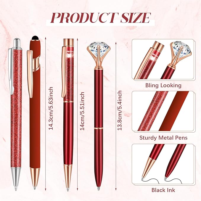 Sabary 8 Pcs Red Pens with Pen Holder for Desk Glitter Crystal Diamond Cute Ballpoint Fancy Pencil Holder Bling Desk Organizer for Women Girls Gifts School Office Valentine Supplies