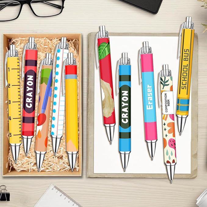 Teacher Appreciation Week Ballpoint Pens Set of 10 – Colorful Crayon-Inspired Teacher Theme Pens with Classroom Supply Designs – Smooth Black Ink Pens for Classroom, Office, and Thank You Gifts