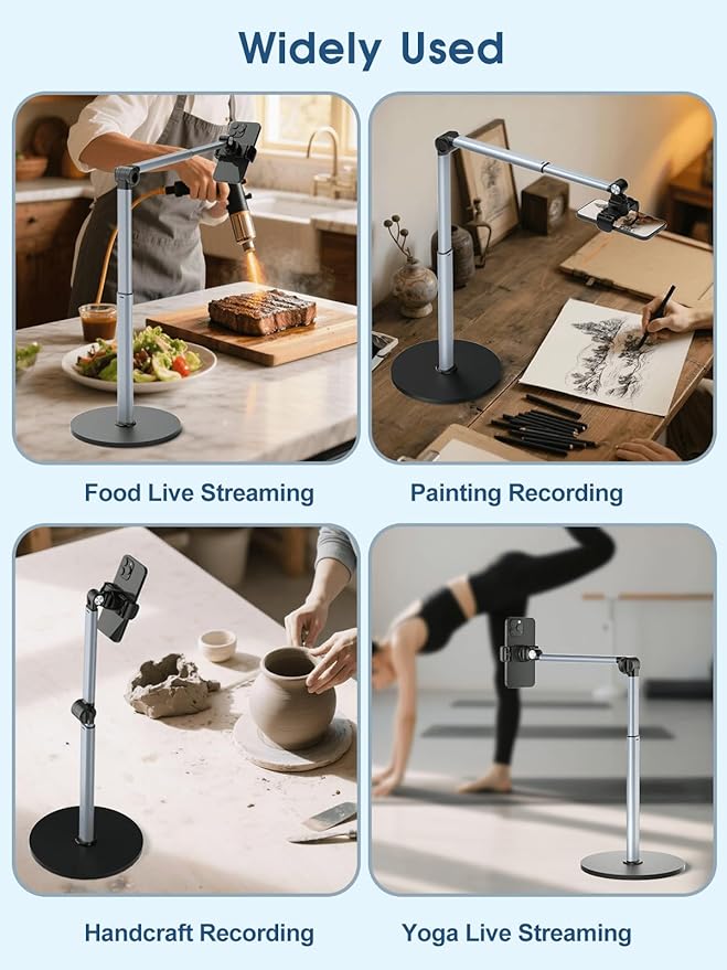 Heavy Duty Aluminum Overhead Phone Stand for Recording, Adjustable iPhone Tripod for Overhead Shots, Sturdy Stand for Cooking, Crafting, Filming, Painting – Perfect for Creators（Clip）