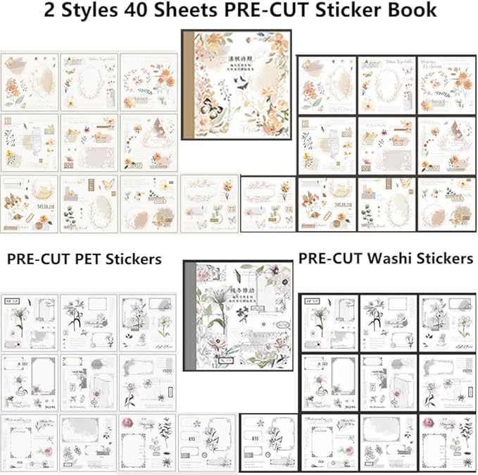 40 Sheets Sticker Book for Adults Journaling, Washi and PET Materials, Ephemera Aesthetic Stickers for Junk Journals, Bujo, Planners (Autumn & Winter)