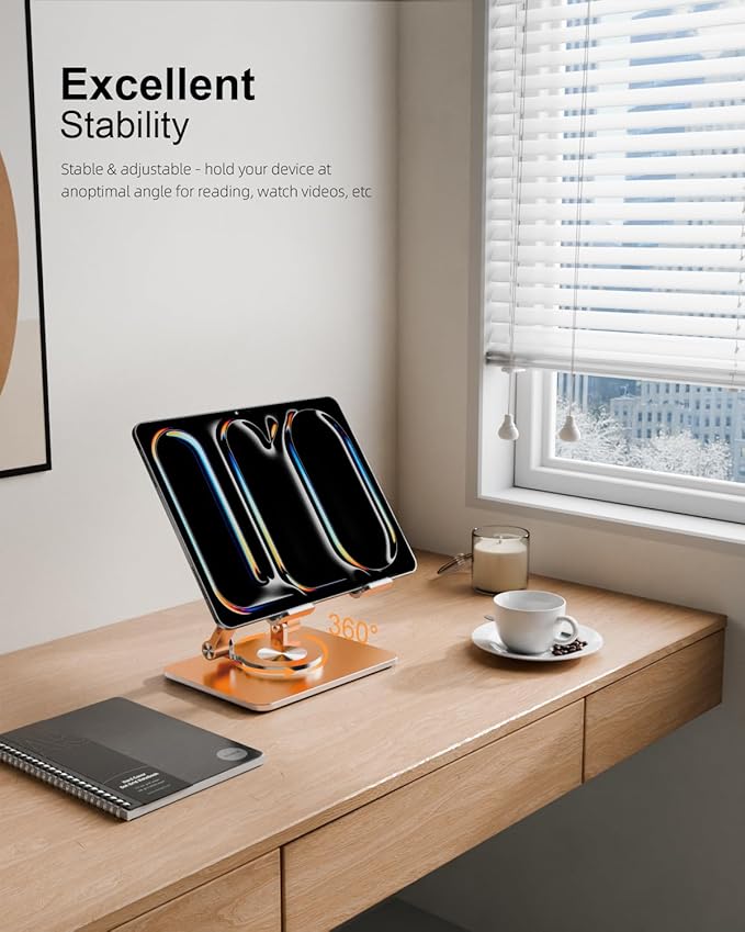 OrlianTablet Stand Holder with Thickened 360°Rotating Base Dual Rod Adjustable Aluminum Stand for All 5.8-12.9” iPad Samsung Phone Tablet Kindle E-Reader and More, Gold
