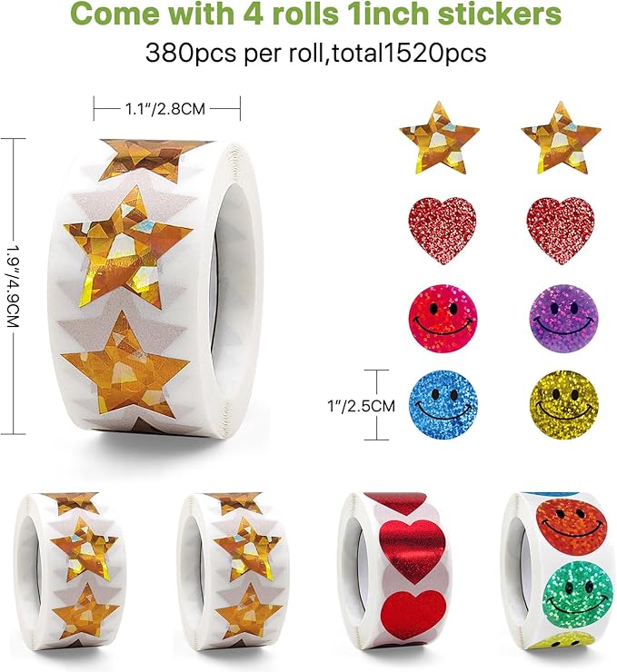 Manual Sticker Dispenser for Rolls of Stickers with 1520Pcs 1Inch Gold Star,Red Heart,Smiley Face Stickers for Kids Reward,Behavior Chart,School Classroom Student Teacher Supplies Gifts(Green)