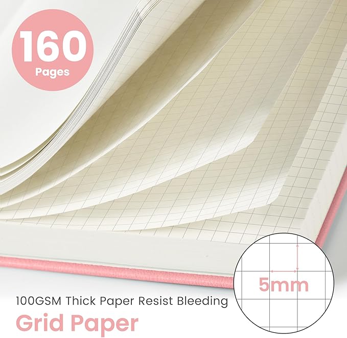 Taja Graph Journal Notebook for Women & Men, Hardcover Leather Journal for Writing, A5 Graph Paper Notebook for Planning & Tracking, Perfect for Office School Home Supplies, Pink