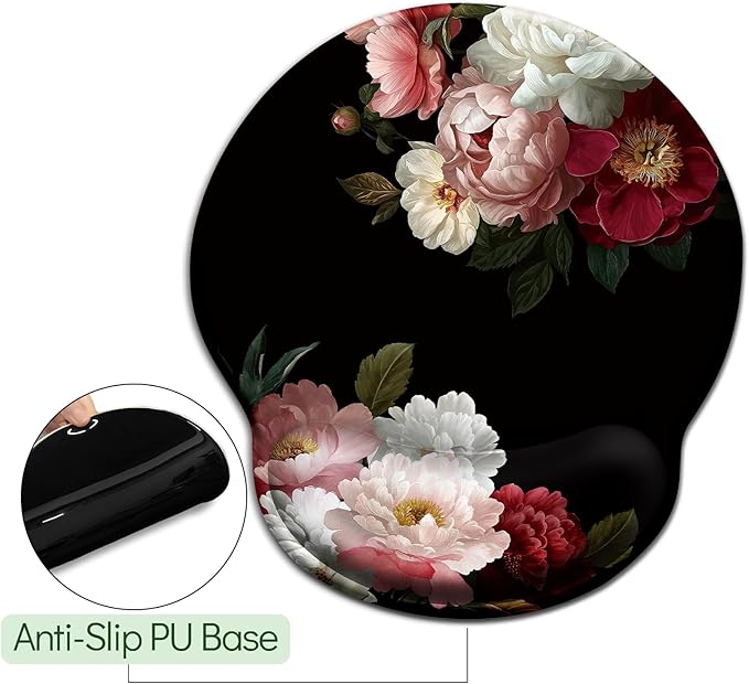Black Flower Mouse Pad with Wrist Rest, Ergonomic Mouse Pad Wrist Support with Non-Slip Pain Relief PU Base, Funny Laptop Computer Mousepad, Cute Office Home Desk Accessories Decor