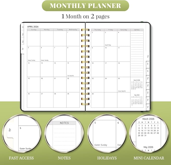 2026 Planner, A5 Weekly and Monthly Planners with Tabs, Spiral Bound Daily Calendar 2026 Planner, Agenda Organizers from Jan. to Dec., Hardcover Habit Tracker Journal 6.18" x 8.5"(Green Butterfly)