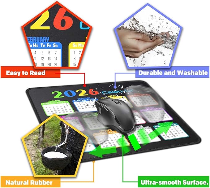 Calendar Mouse Pad 9.5 X 7.8 in, Mouse Pads with Stitched Edges and Non-Slip Rubber Base, Home Office Desk Decor Accessories for Computer Laptop Work Gaming (White 2026)