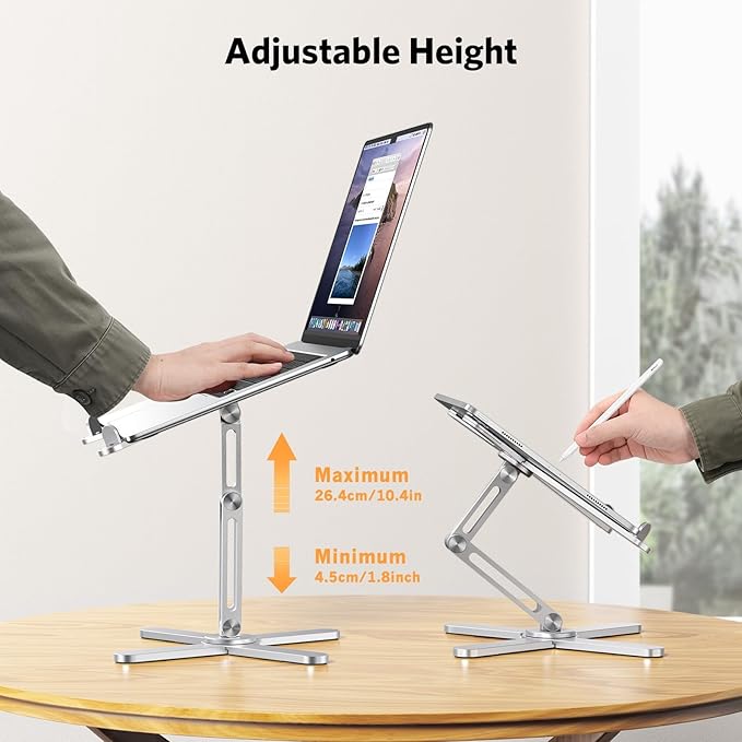 OMOTON LA10 360° Rotating Laptop Stand Riser for Desk, Ergonomic Foldable Computer Stand Adjustable Height Angles for Collaborative Work, Easy Storage Fit Macbooks,All Laptops up to 16 inches, Silver