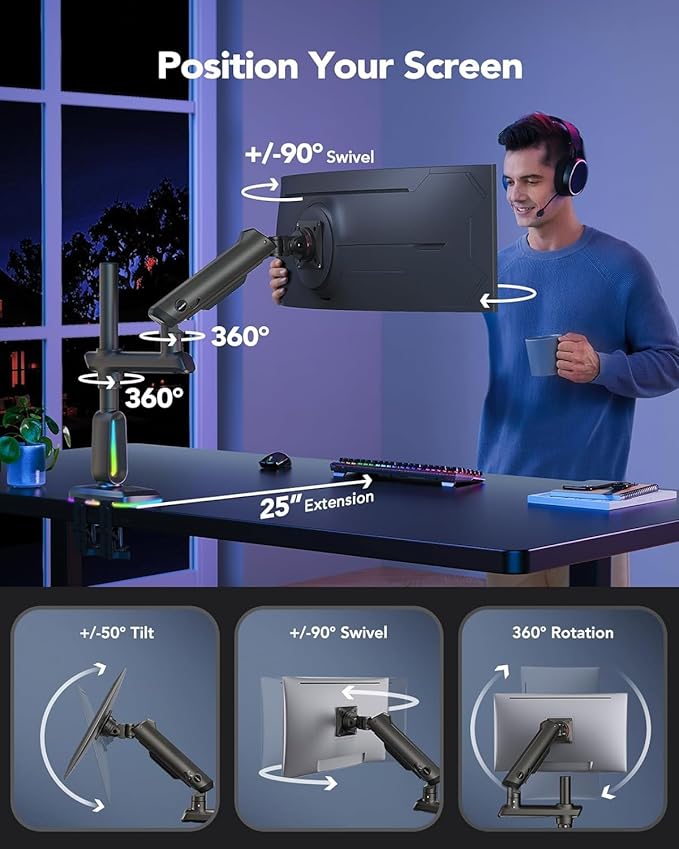 HUANUO RGB Heavy Duty Monitor Arm for Ultrawide Screens up to 34", Holds 33 lbs, Tall Ultrawide Monitor Stand with 29.1" Max Height, Fully Adjustable Single Computer Desk Mount, Max VESA 100x100mm