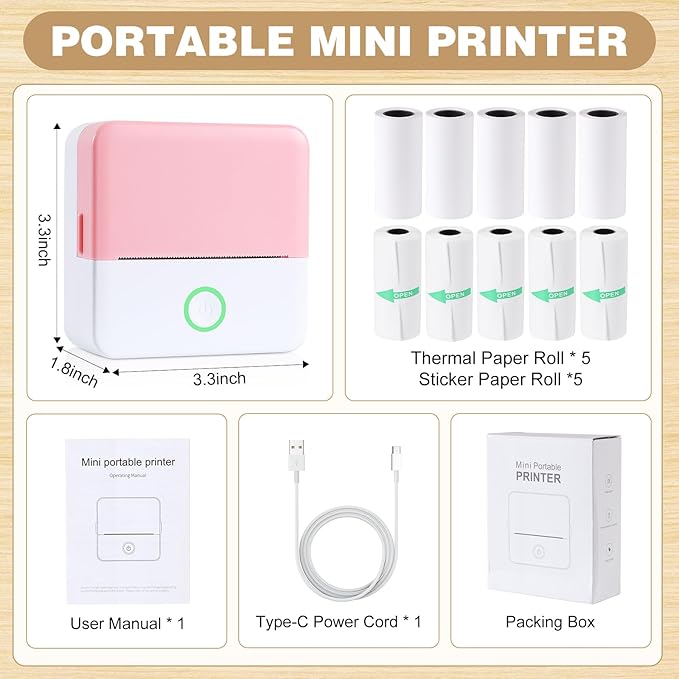 cudinham Print Pods Mini Printer, Sticker Printer with 10 Rolls Thermal Printing Paper, Inkless Pocket Printpod for Phone, Impresora Portátil for Notes, DIY, Compatible with iOS & Android (Pink)