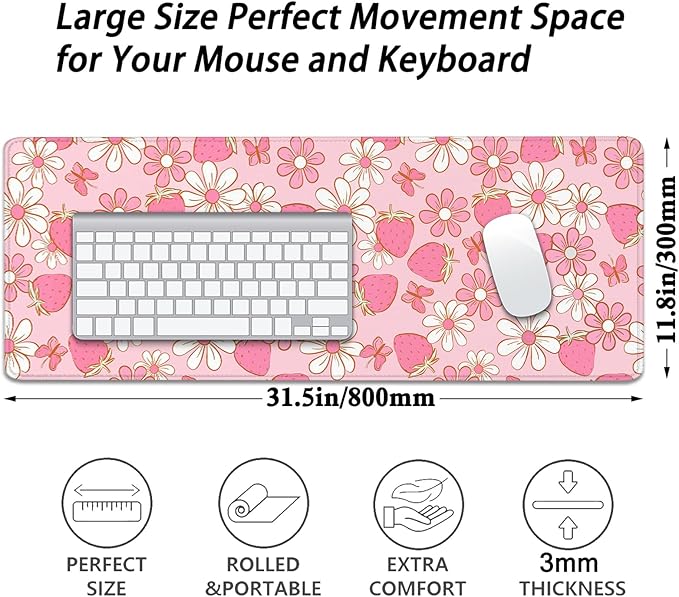 Pink Strawberries Flowers Desk Pad Mouse Pad,Large Butterfly Floral Mouse Mat with Stitched Edges,Non-Slip Rubber Base Mousepad for Office PC Keyboard Laptop and Home Work Desk Mat(31.5X11.8 in)