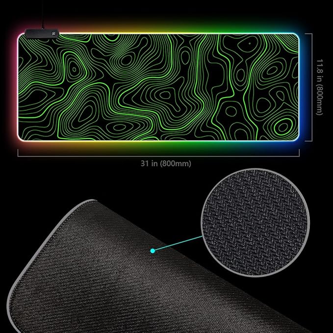 RGB Mouse Pad LED Desk Mat Large Gaming Mousepad Black and Green Line Design, Keyboard Pad XL Mouse Mat for Home and Office