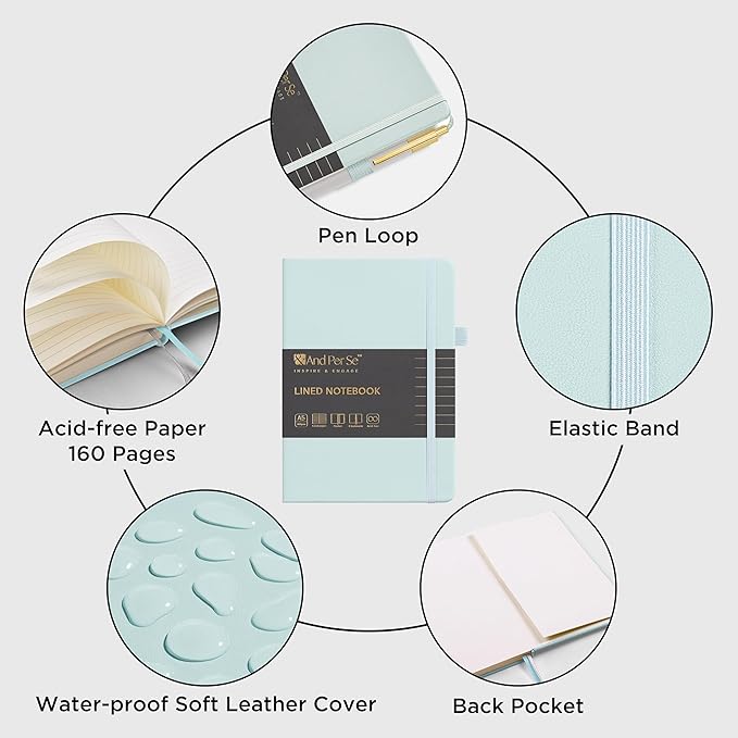 &And Per Se Lined Journal and Pen Set (3 Packs), A5 Leather Hardcover Notebook with Pen & Stationary Set, 160 Pages 100GSM Thick Ruled Paper Journal for Business Work Writing (Cyan)