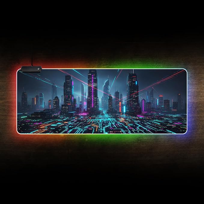 Cyberpunk Circuit RGB Gaming Mouse Pad – 31.5"x11.8" Large LED Desk Mat with Futuristic Circuit Board Design, Non-Slip Rubber Base & Durable Stitched Edge for PC & Laptop Setup(06)