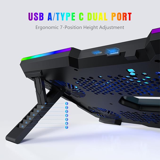 Laptop Cooling Pad, Gaming Laptop Cooler with 10 Quiet Fans, Height Adjustable Laptop Cooling Stand for 12"-17" Laptops, RGB Lights with Laptop Fan with 2 USB Port and Phone Stand