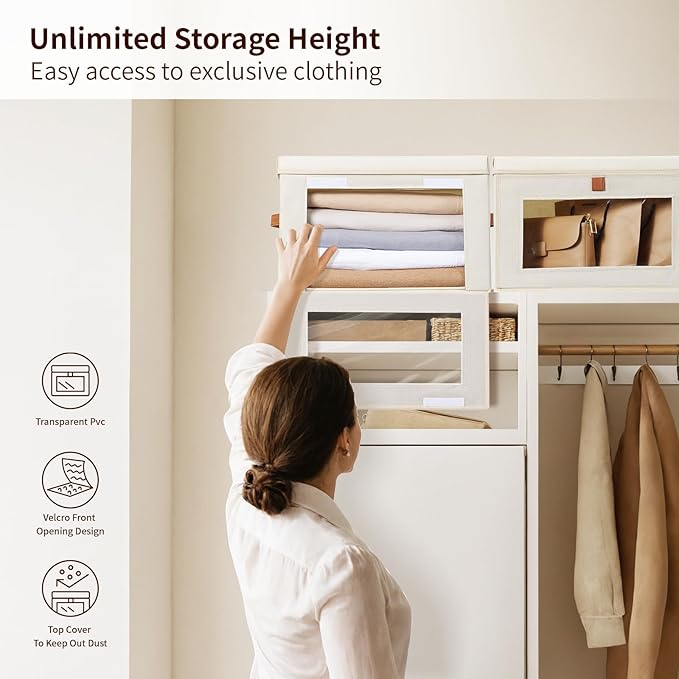Small Fabric Storage bins - Collapsible Storage Bins with Open Window, 2 Pack Closet Baskets for Shelves, Stackable Decorative Boxes for Home, Dorm, Beige, 13.7"x 9.8"x 9.8"