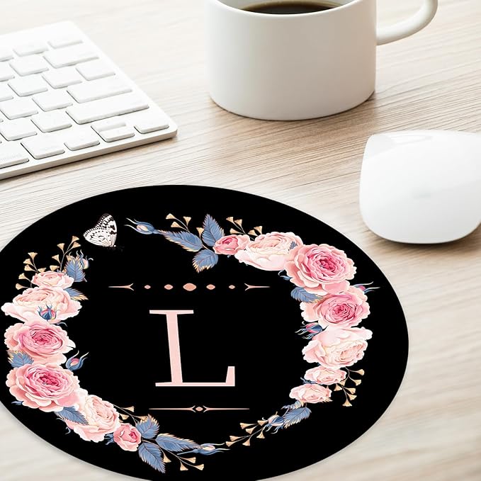 Letter L Black & Pink Flowers Round Mouse Pad: Non-Slip Rubber Base, Home Office Decor Desk Accessory, 8.7in Round