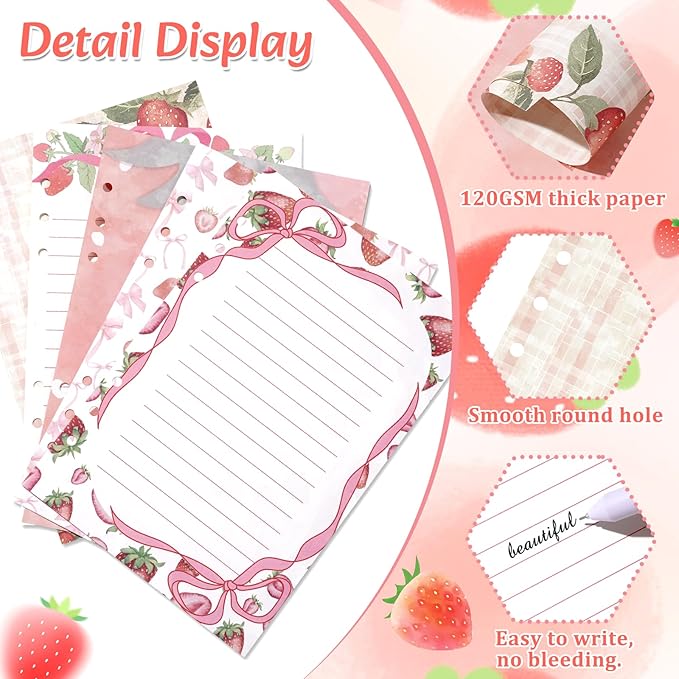 100 Sheets Strawberry A5 Refills Papers for Planner Insert Binder, 120GSM Thick Watercolor Strawberry Pink Bow Notebook Fillers, Cute Fruit 6 Hole Loose Leaf Papers for A5 6 Ring Binder Journal Diary