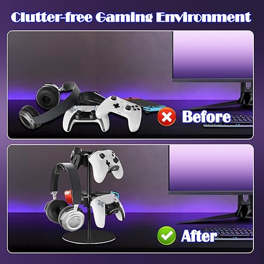 ZHGM Controller Stand 2 Tiers, Universal Gaming Headphone Stand Compatible with Xbox PS5 PS4 Nintendo Switch Pro, Aluminum Headset Holder Organizer Rack, Desktop Gamepads Holder, Black
