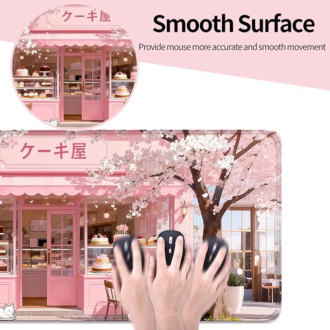 Japanese Anime Pink Cherry Blossom Cake Shop XL Large Desk Mat, Extended Long Cat Desk Pad for Gaming and Office, Non-Slip Rubber Base, Comfortable Surface Mouse Pad, 31.5x11.8 in (H15)