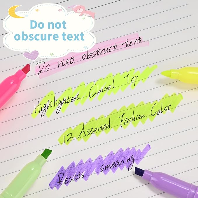 Highlighters Assorted Colors Set, 12 Pack, Chisel Tip Bright Colors, Dry Quickly Colored Highlighters for Journaling, Study Notes, School Office Supplies