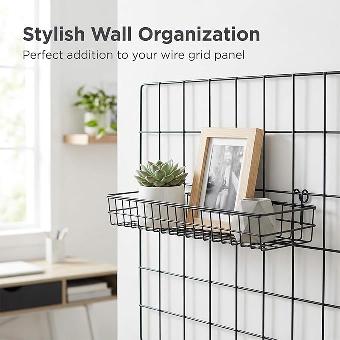 4 PCS Grid Wall Baskets, 15.75×3.94×1.97 Inch Hanging Wire Basket for Grid Wall Panels Wire Basket for Wall-Mounted Storage in Kitchens, Bathrooms and Bedrooms-Black
