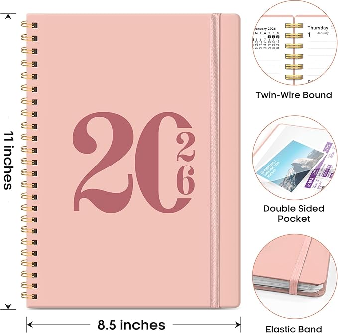 2026 Planner, Weekly and Monthly Calender Planner, Jan 2026 to Dec 2026, Hardcover 2026 Calendar Book with Tabs & Inner Pocket, Office Home School Supplies for Women & Men - A4 (8.5" x 11"), Pink