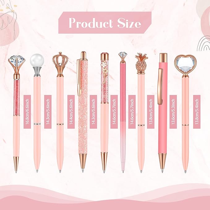 Janmini 9 Pcs Ballpoint Pens Set Metal Crystal Diamond Glitter Pens for Journaling Black Ink Pretty Cute Things Fancy Stationery Gifts for Women Girls Birthday Home Office Desk(Light Pink)