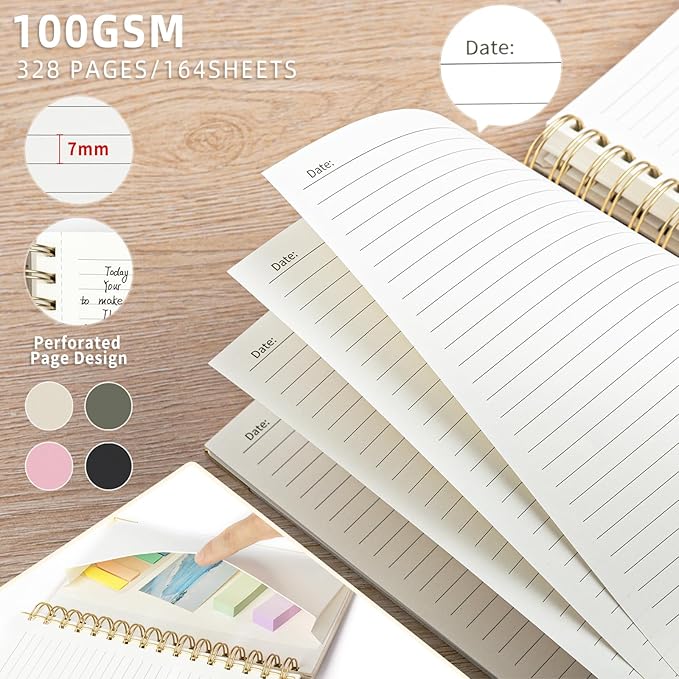 ALKALO Spiral Notebook Journal, 328 Pages Linen Hardcover College Ruled Notebook, Lined Thick Journals for Women Men, B5 Thick Spiral Journal for Writing, 100GSM Paper, Cute Notebooks for Work School