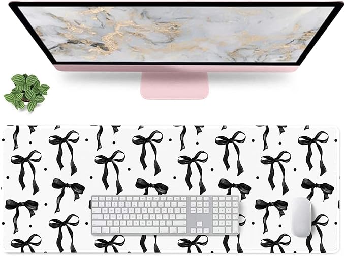 Large Bow Mouse Pad, Black and White Desk Mat XL Keyboard Pad Computer Mat, Non-Slip Rubber Base Gaming Mousepad Extra Large Laptop Pad, Cute Desktop Cover Office Supplies for Girl 31.5 x 11.8in