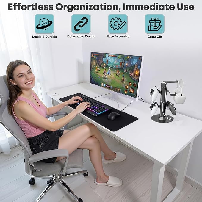 Gaming Controller & Headset Holder Stand for Desk, with Charger Cable Organizer Headphone Stand for PS5/ Xbox/ PS4/ Switch, Metal Base Controller Hook for Storage with 360° Rotatable Hanger- 2 Tiers