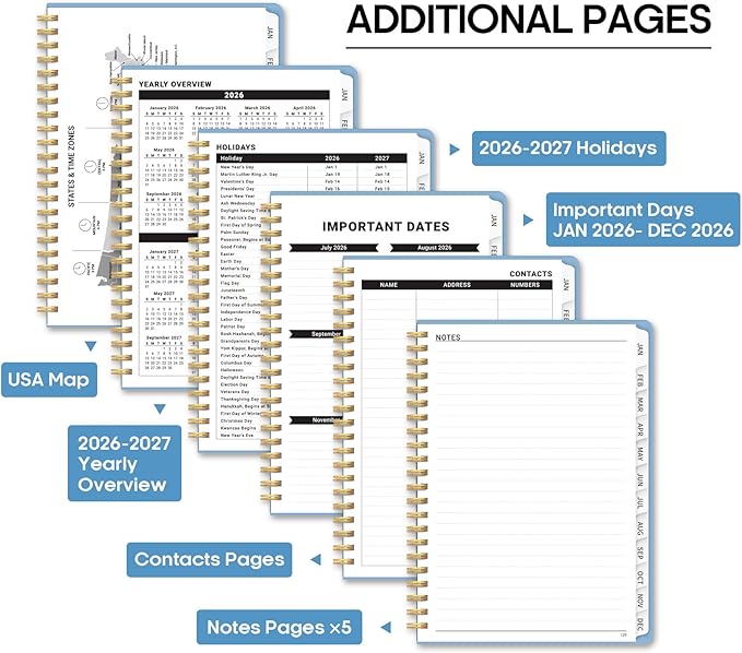 2026 Planner, Weekly and Monthly Calendar Planner Book, January 2026 - December 2026, Hardcover Spiral Planner with Monthly Tabs, Notes Pages, Perfect for Women & Men, A5 (6.4" x 8.5") - Blue