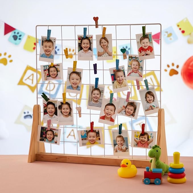 2 Sets Wedding Wall Grid Decorative Panel for Photo Display 19.3x18.5 Inch, Photo Display Panel, Wire Wall Grid, Desk Picture Manager, with 70 Wooden Clips for Shows Crafts Artistic Drawings Photos