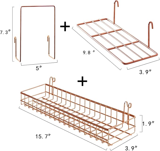 FRIADE Rose Gold Grid Basket with Hooks,Bookshelf,Display Shelf for Wall Grid Panel,Wall Mount Organizer and Storage Shelf Rack for Home Supplies,1 Set of 3 (Rose Gold)