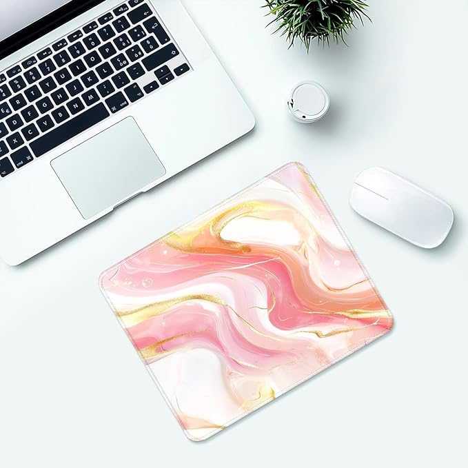 Pink Marble Desk Pad Mat with Stitched Edges and Non-Slip Rubber Base, Premium-Textured Mouse Pad for Laptop, Computer & PC, Gaming & Working, Waterproof Mousepad