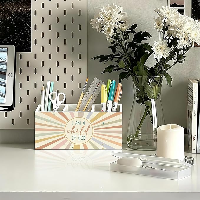 Boho Sunshine Christian Pen Holder, Christian Gifts Pencil Holder for Desk, I Am a Child of God Bible Verse Wooden Box Sign Decorations for Kids Nursery Room Bedroom Classroom Desk Tabletop