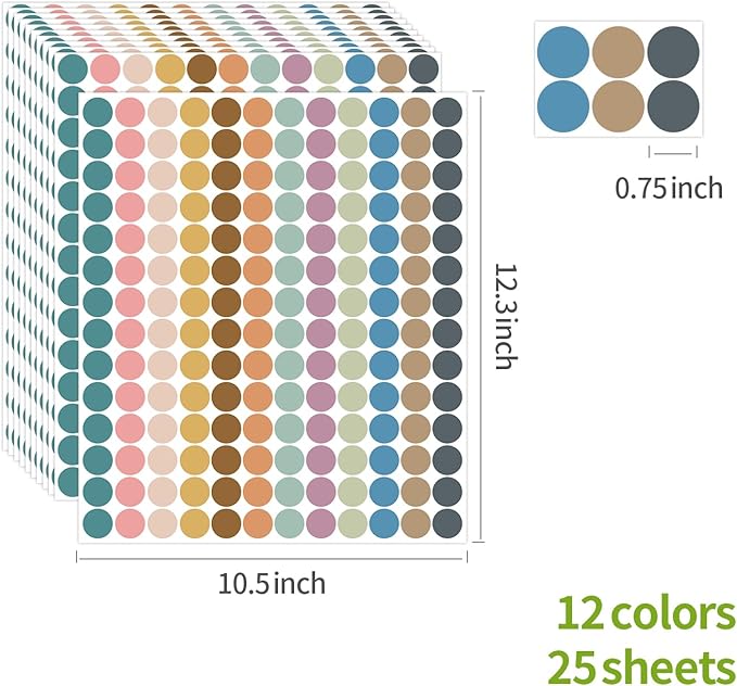 REGELETO Boho 4200 PCS 0.75 Inch 12 Colors Round Colored Dot Stickers for Students Teaching Papers, Color Coding Labels, Circle Dots Stickers for Office and Classroom (25 Sheets)