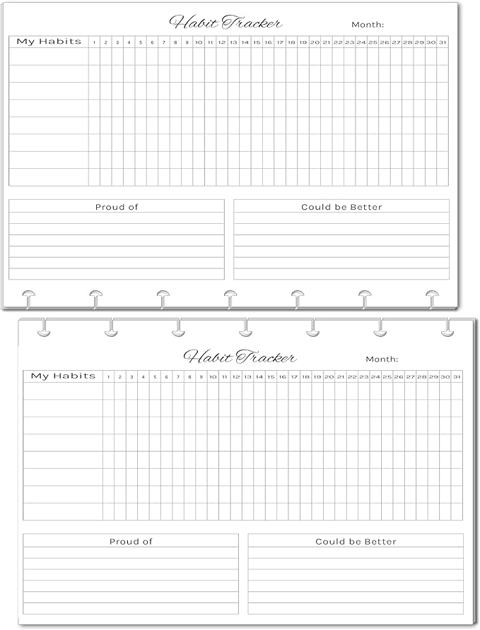 Horizontal Habit Tracker Inserts for 7, 9, 11 Disc | Mini, Classic, Skinny, Big, Letter, Junior Size Planners | Color or Black & White | Monthly Habit Log (Black & White, 7-Disc Mini)