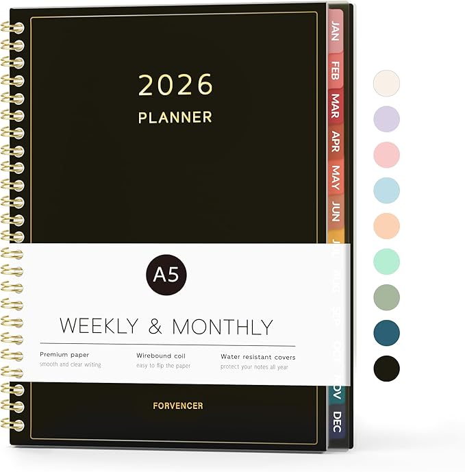 2026 Planner, Forvencer Calendar Planner Weekly and Monthly (Jan 2026-Dec 2026), 6" X 8", Agenda Book, Daily Journal Notebook with Tabs, Flexible Cover, Home School Organizer, A5, Black
