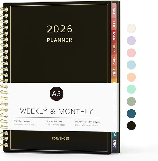 2026 Planner, Forvencer Calendar Planner Weekly and Monthly (Jan 2026-Dec 2026), 6" X 8", Agenda Book, Daily Journal Notebook with Tabs, Flexible Cover, Home School Organizer, A5, Black