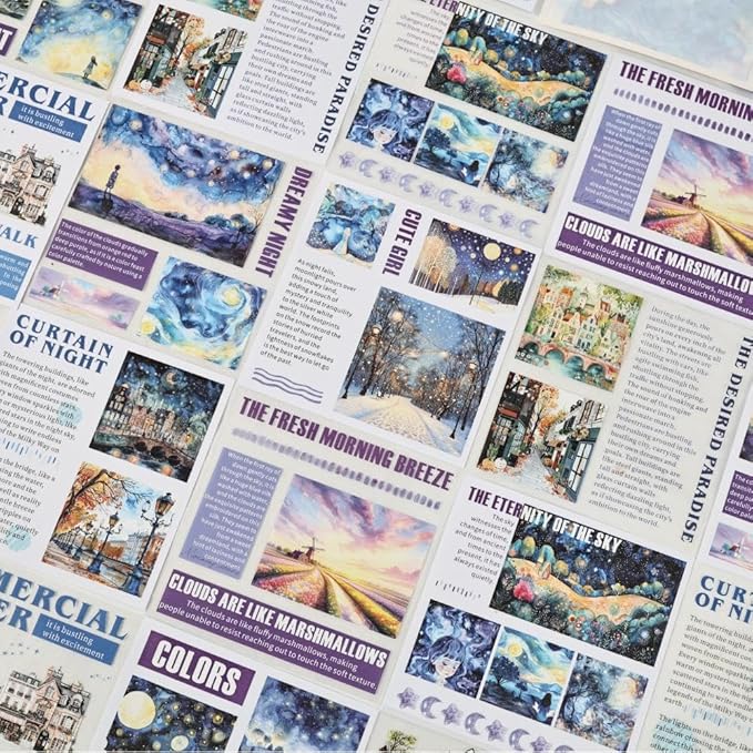 Dwpetzo 40 Sheets Pre-Cut PET Washi Sticker Books for Journaling, 2Pack Watercolor City and Night Sky Themes, Scrap Book Stickers for Scrapbooking, Junk Journal Supplies, Aesthetic Collage