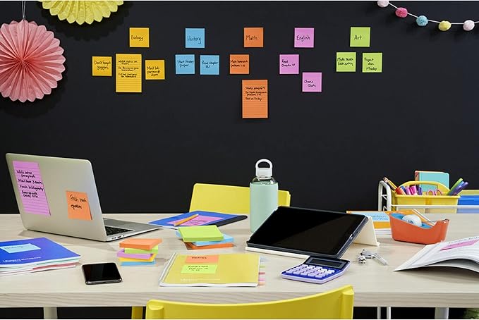 Post-it Super Sticky Notes, 3x3 in, 6 Pads, 2X The Sticking Power, Energy Boost Collection, Bright Colors (Orange, Pink, Blue, Green),Recyclable (654-6SSAU)