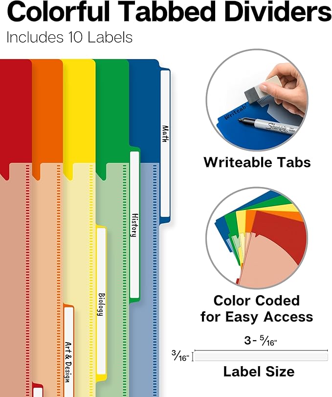 Dunwell 5-Subject Notebook, College Ruled, Colorful Movable Pocket Dividers with Tabs, Front/Back Plastic Covers, 200 Sheets (400 Pages) of 3-Hole Punch Perforated 8.5x11 Paper