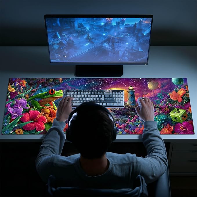 Large Mouse Pad Gaming Mousepad 31.5 x 11.8 Inch Keyboard Desktop Mat Diatomite XL Mouse Pad for Home and Office Desk Accessories with Fantasy Cosmic Frog Lighthouse Artwork Diatomite