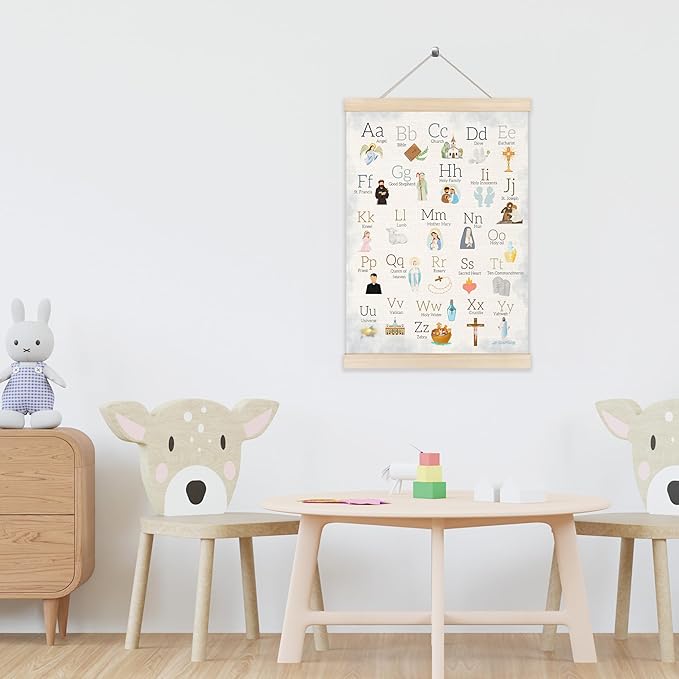 Koesus Christian Alphabet Wall Art Poster Hanger Frame 12x16 Inch, Bible Alphabet ABC Educational Canvas Pictures Prints Framed Wall Decor for Toddler Nursery Classroom Preschool